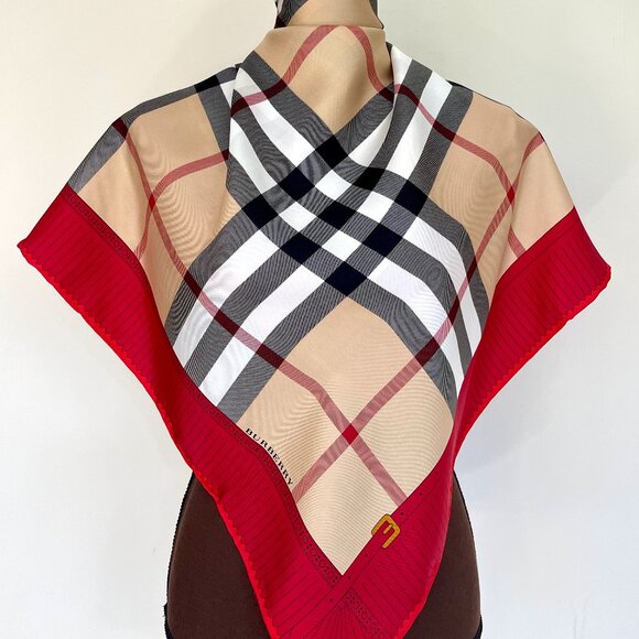 New Burberry Scarf Logo Iconic Beige Check Red Border Silk Wrap - Picture 10 of 15